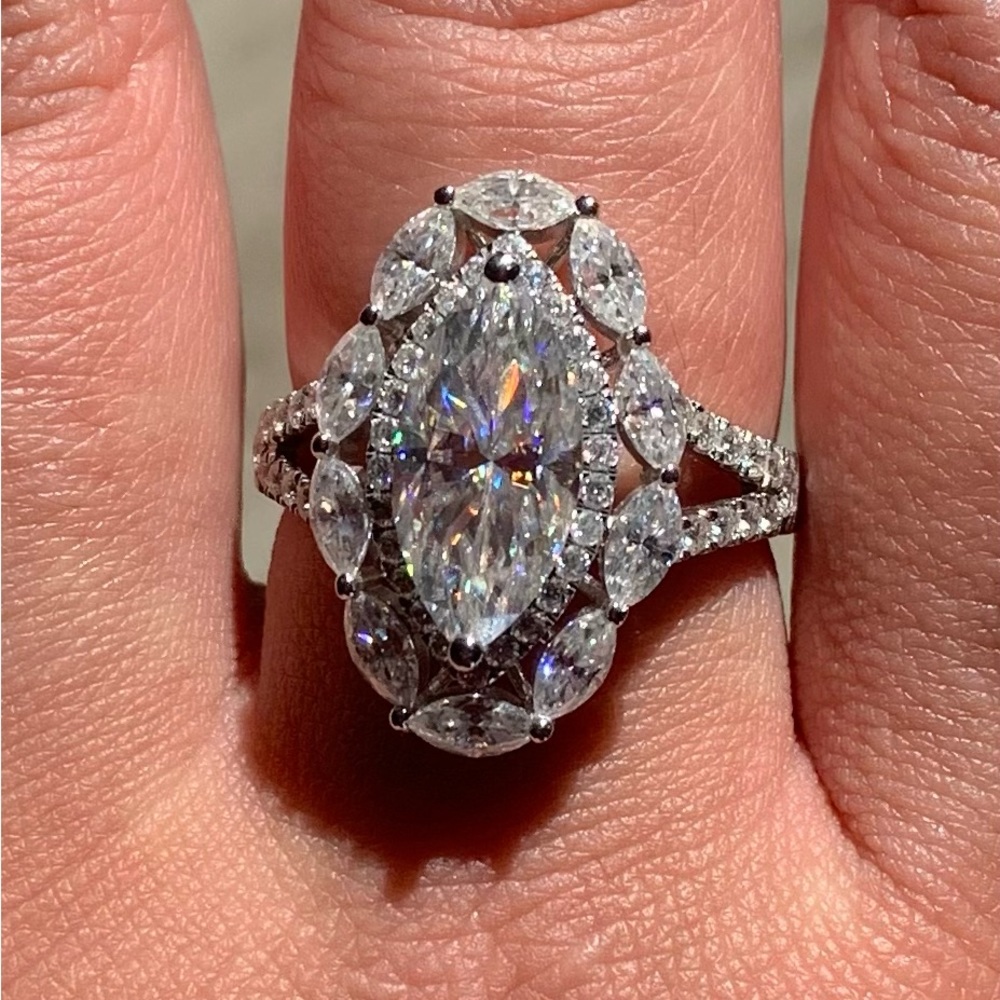 Dazzling 3ct Marquise cut moissanite ring 9k white gold